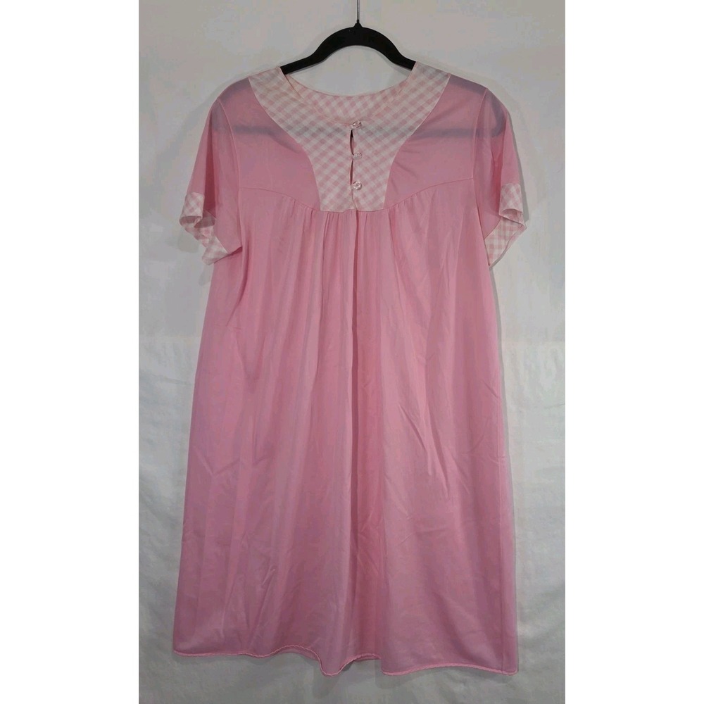 VTG Nightgown House Dress Womens Medium Pink Gingham Trim Short Sleeve‎ Chemise